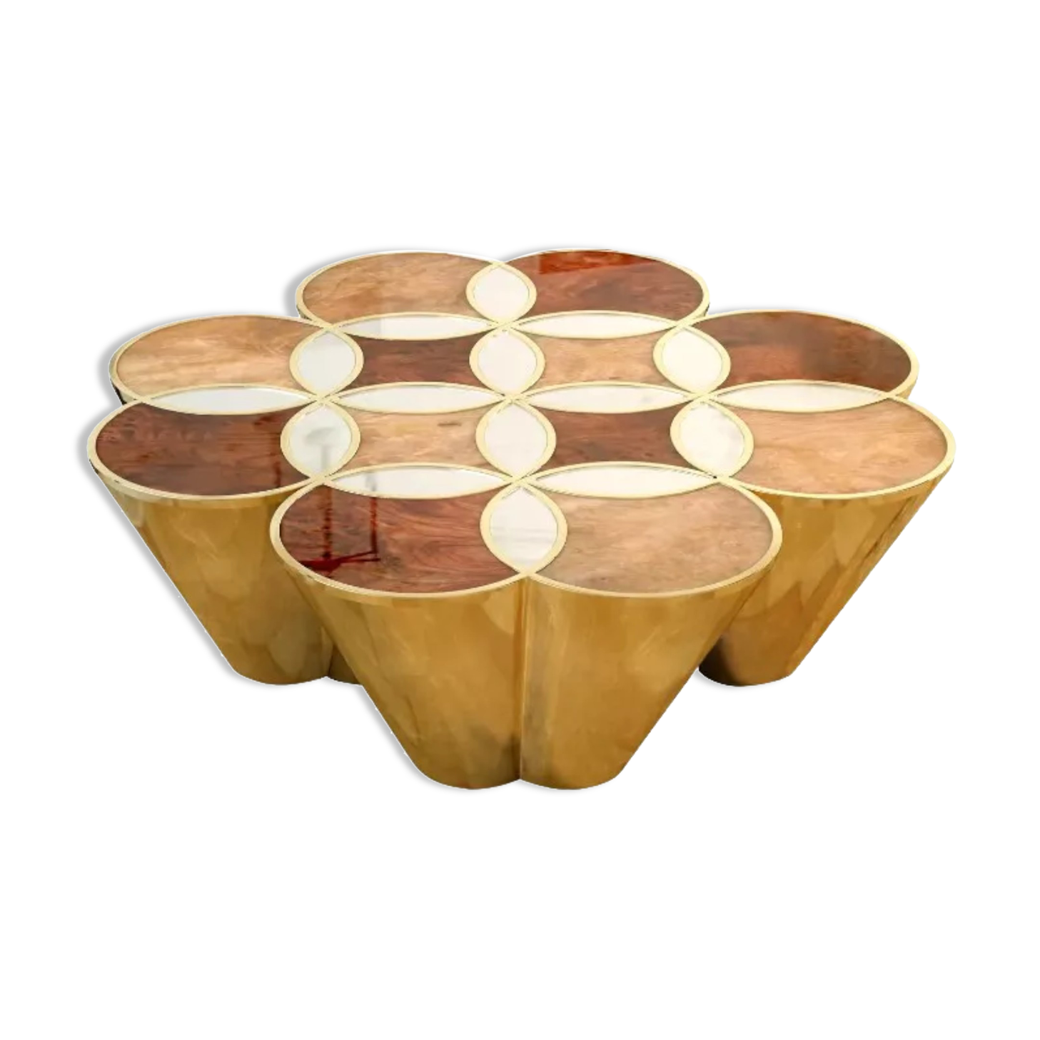 Sublime Ethnos coffee table - walnut root, marble, gold leaf finish and varnish