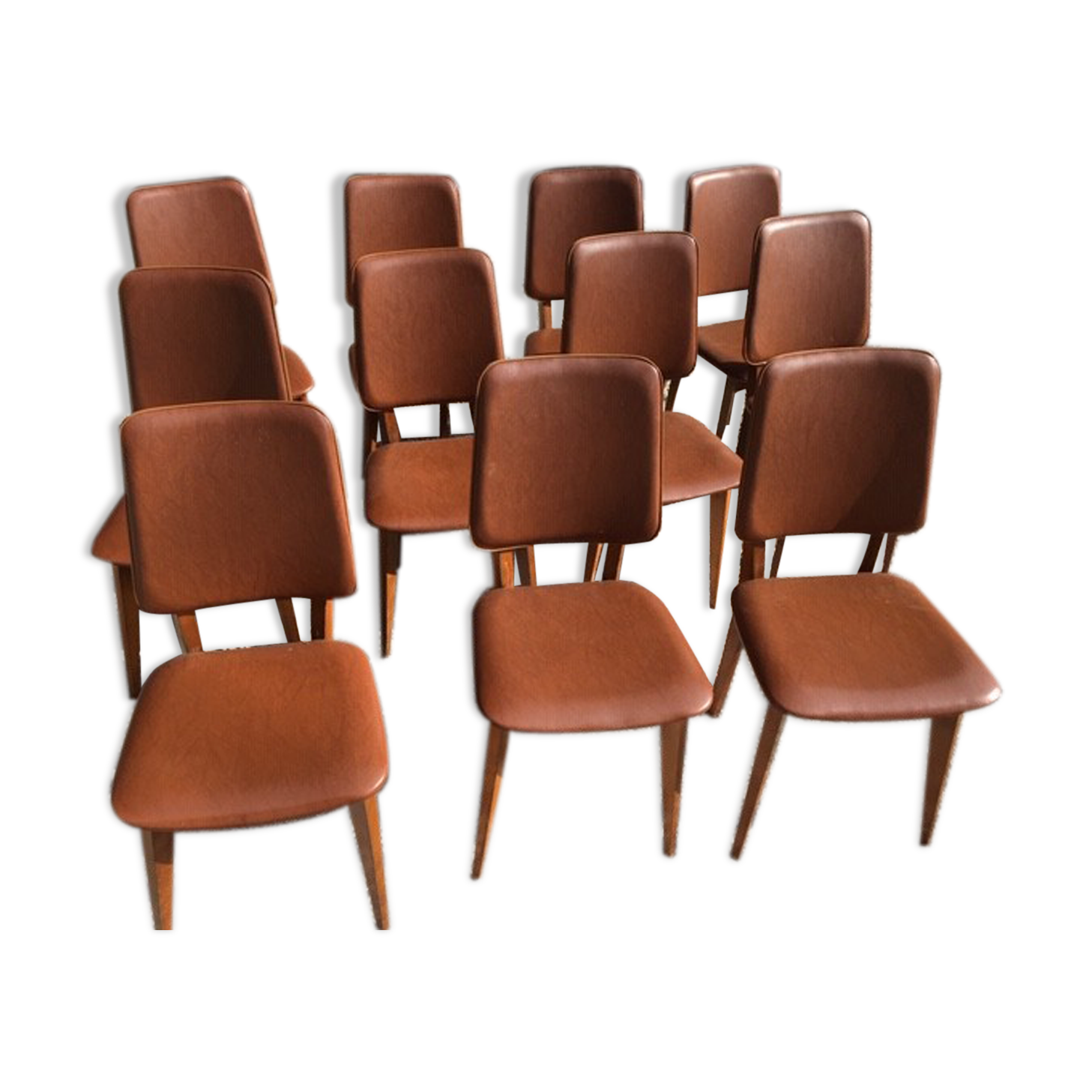 Set of 10 vintage brown skai chairs and 60s/70s wood structure