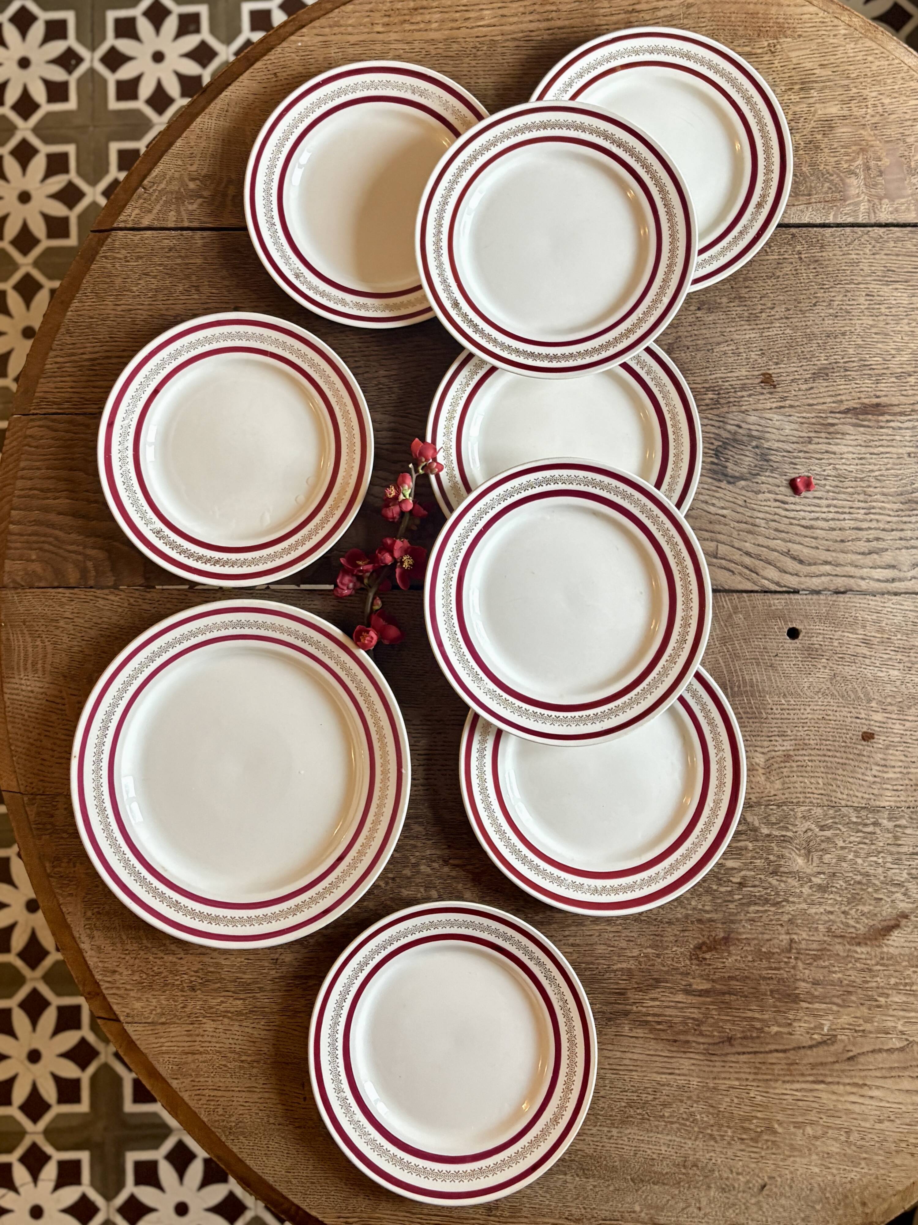 Set of 8 flat plates and a vintage dish, red and gold decorations, manufactured