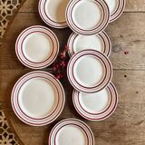 Set of 8 flat plates and a vintage dish, red and gold decorations, manufactured