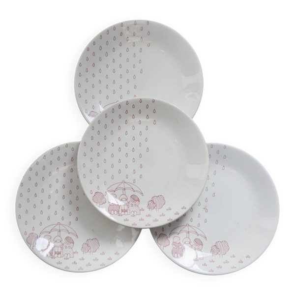 4 assiettes à dessert vintage Sarreguemines - Faïence blanche motif rouge n