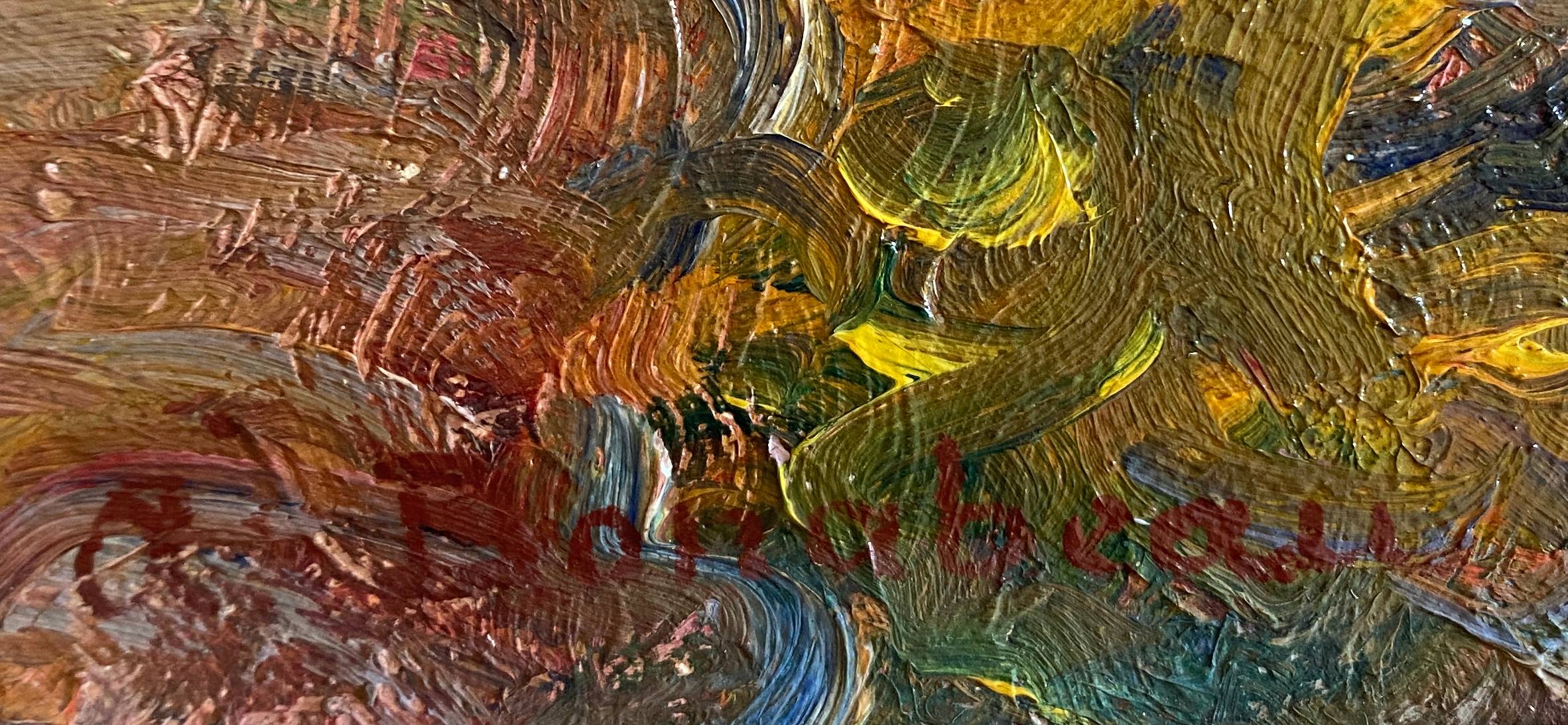 Painting by A. Bonabeau "Wooded riverside" HST, frame circa 1950