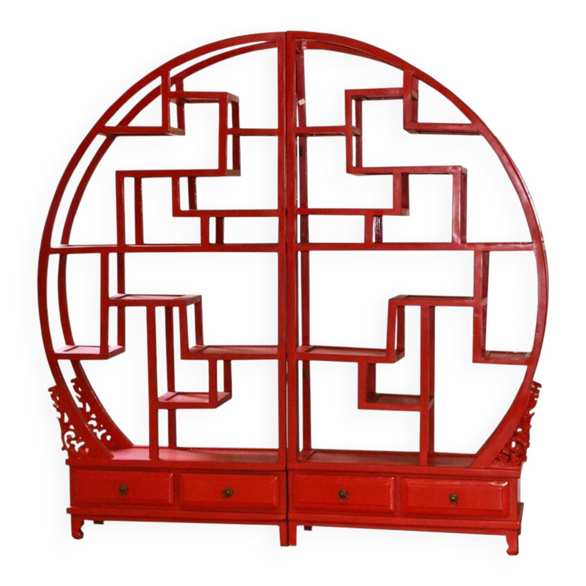 Red shelf with sculpted base