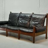 Sturdy Mid-Century Smooth Black Leather Scandinavian 3-Seat Sofa, 1960s