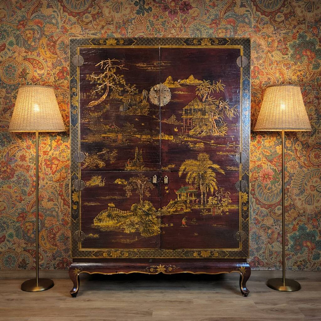 Vintage Chinese cabinet (red/gold) traditional scene bohomian