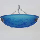 Ancien lustre, suspension vasque Art Déco 1 Feu, en pâte de verre bleu.