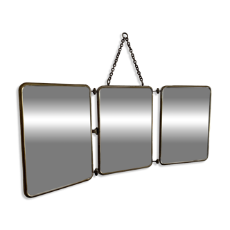 Miroir vintage 1930 triptyque de barbier lézard brun Art Déco - 26 x 61 cm