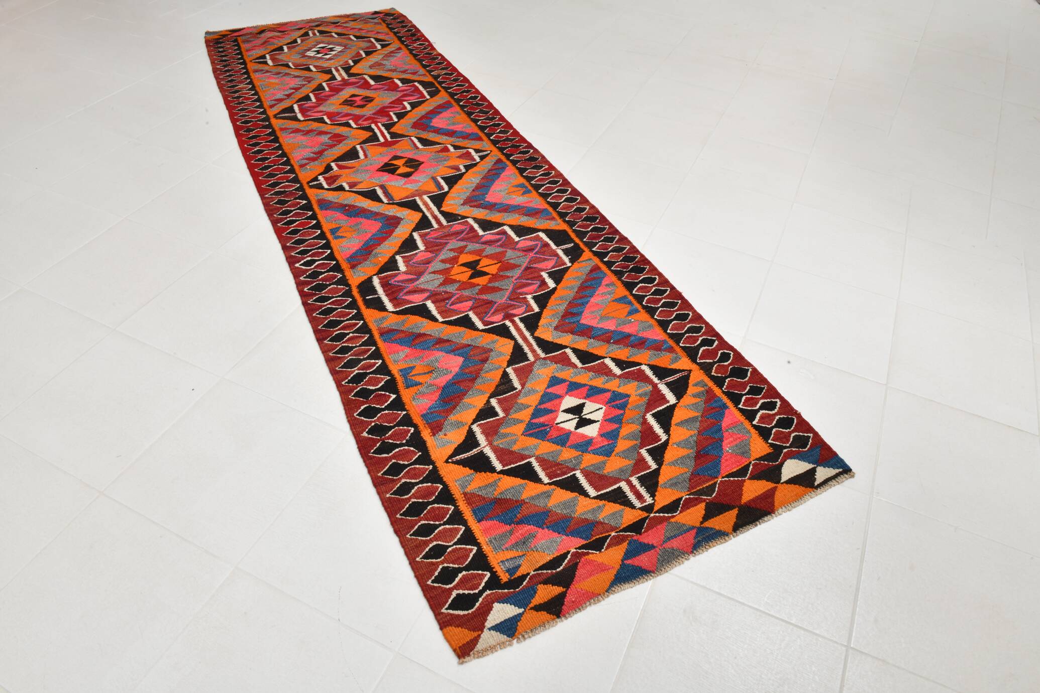 Red & Orange Oriental Kilim Runner Rug, 105x340Cm