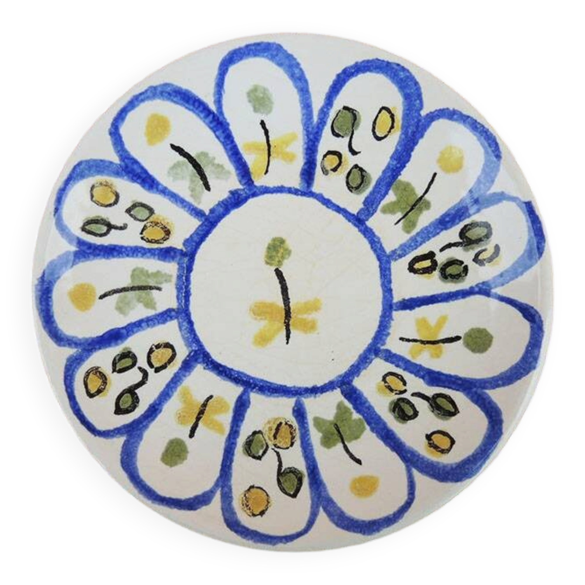 Old ceramic saucer decorated with hand-painted flowers.