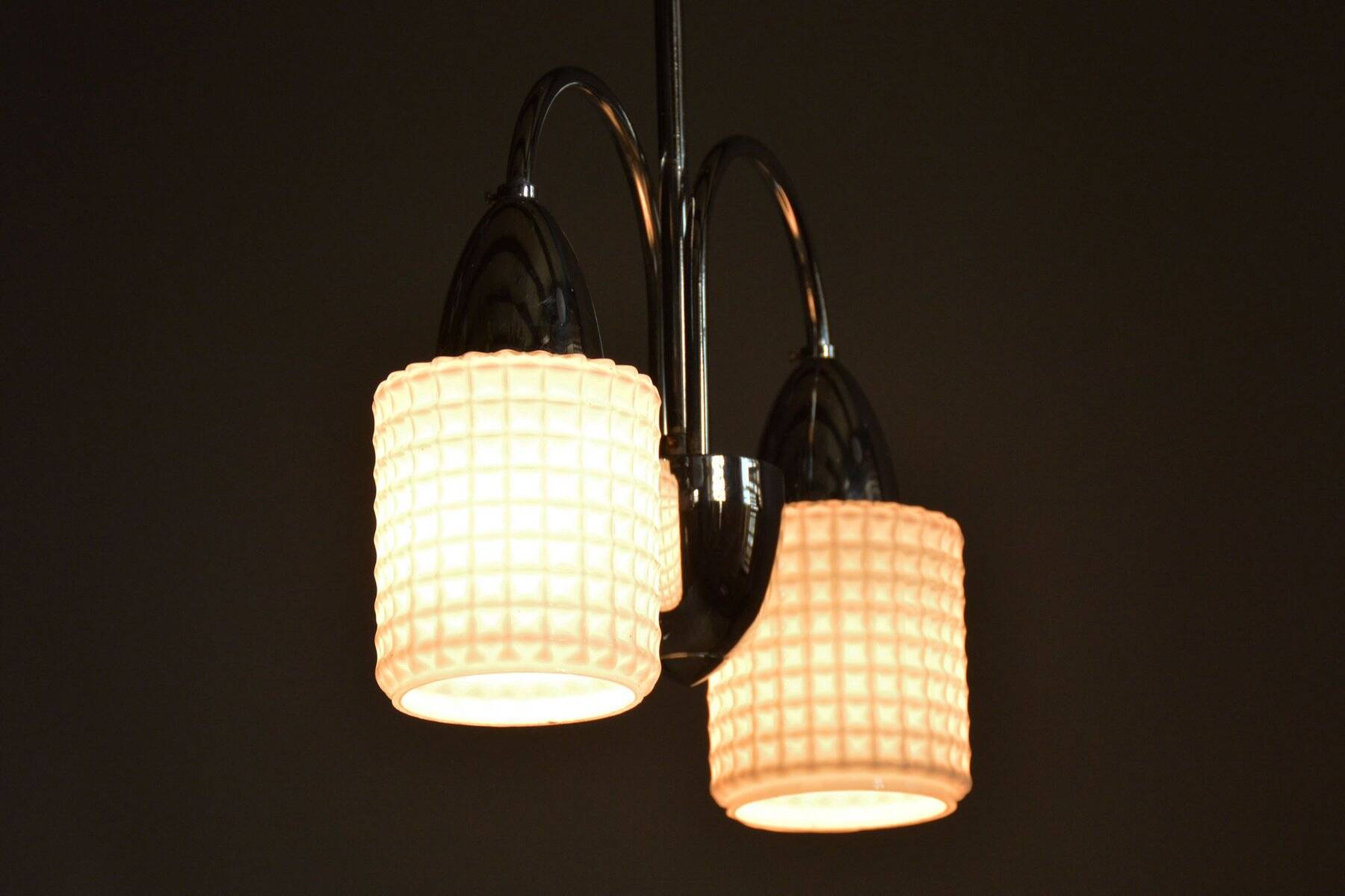 Mid-Century Chandelier in Chrome, Steel and Opaline Glass, Czech, 1960s
