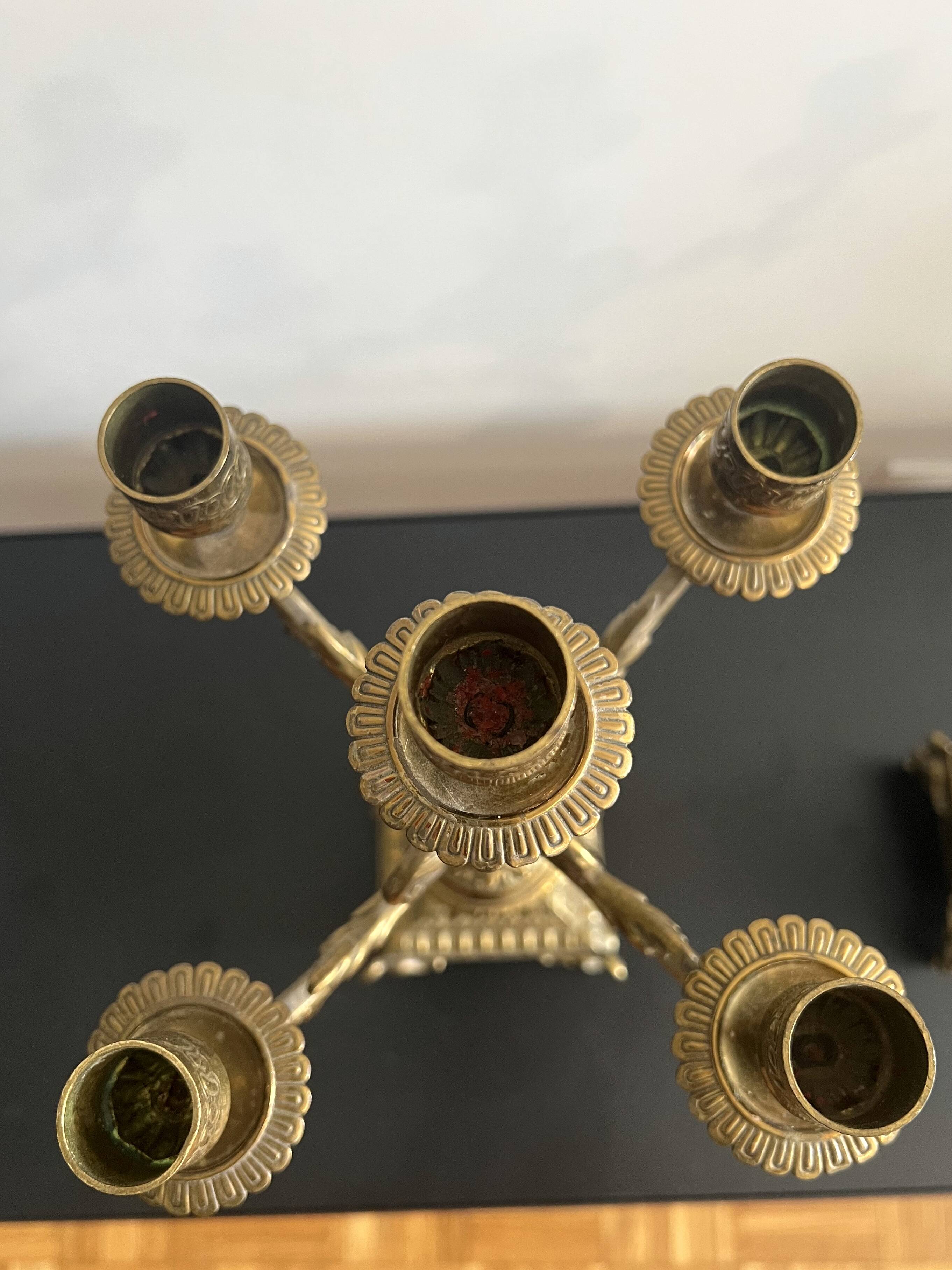 Pair of five-light gilded bronze candelabras, Napoleon III, 19th century.