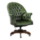 Large Chesterfield office armchair in green cowhide, in English style, on wheels.