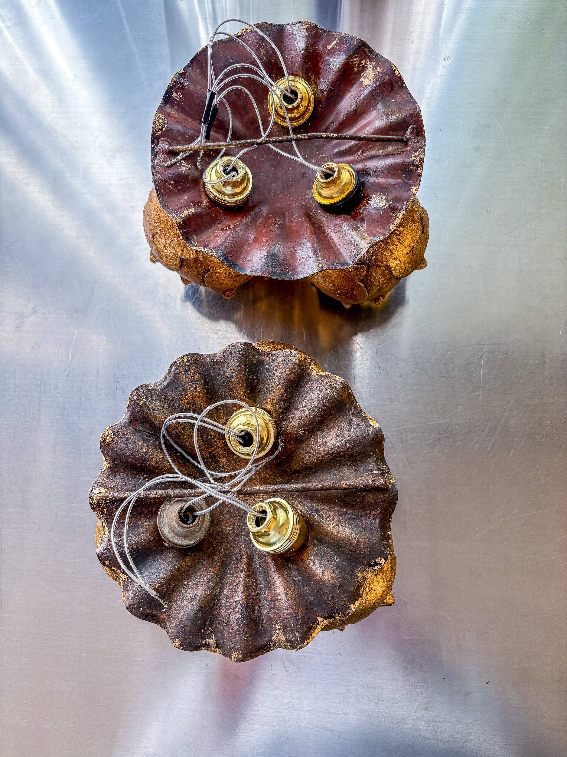 French floral bouquet three-light ceiling or wall light, gilt iron, 1940s