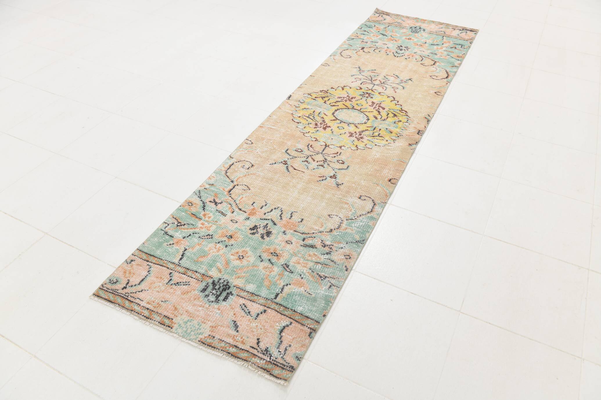 3x10 Light Green & Cream Antique Vintage Runner Rug, 80x296Cm