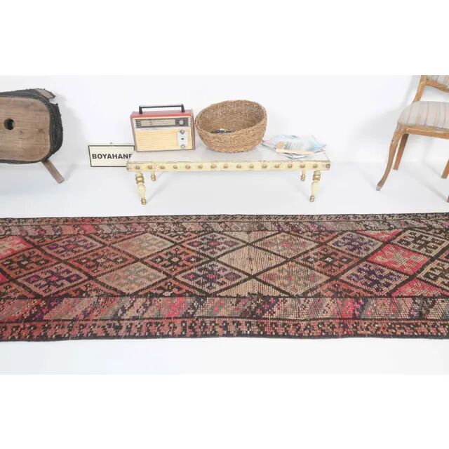 Vintage Turkish Oushak Handmade Wool Cotton Pink Runner Rug 78x376