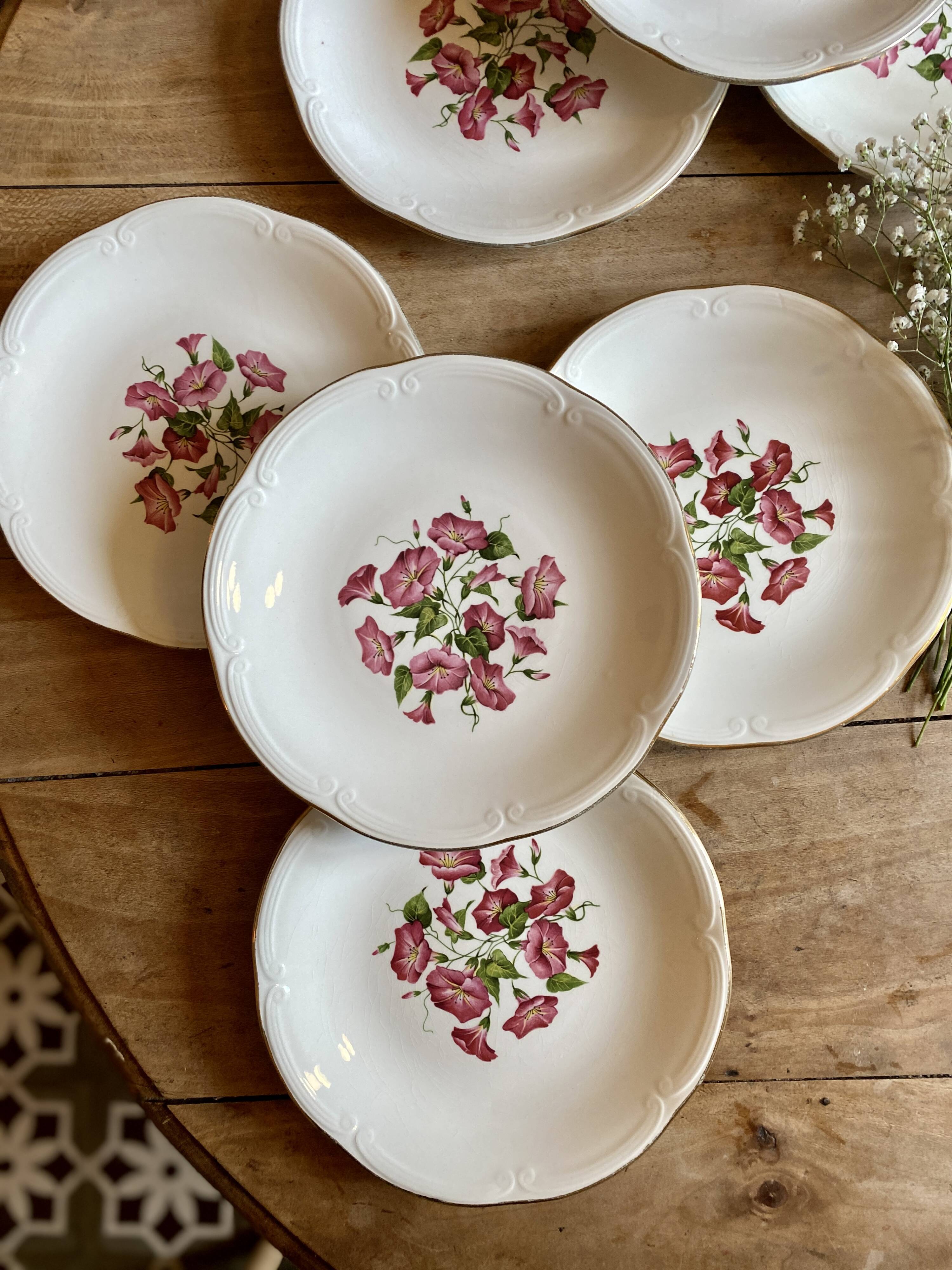 Set of 8 vintage flat plates model Liserons roses de Gien
