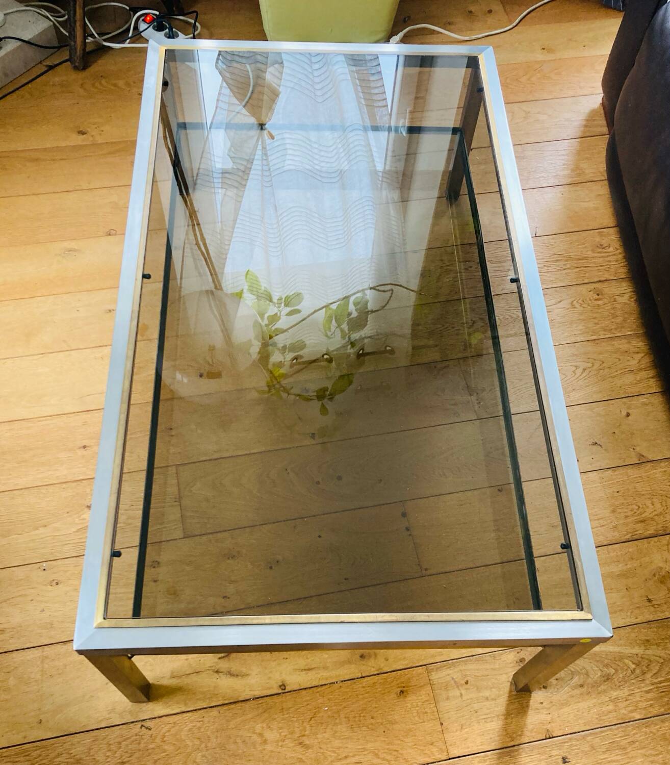 1970s coffee table in brushed metal, brass and smoked glass by Willy R