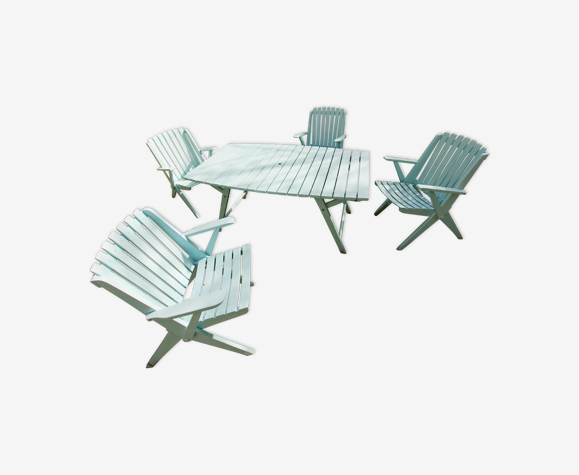 Salon de jardin 60's table 6 personnes + 4 fauteuils bleu azur restauré