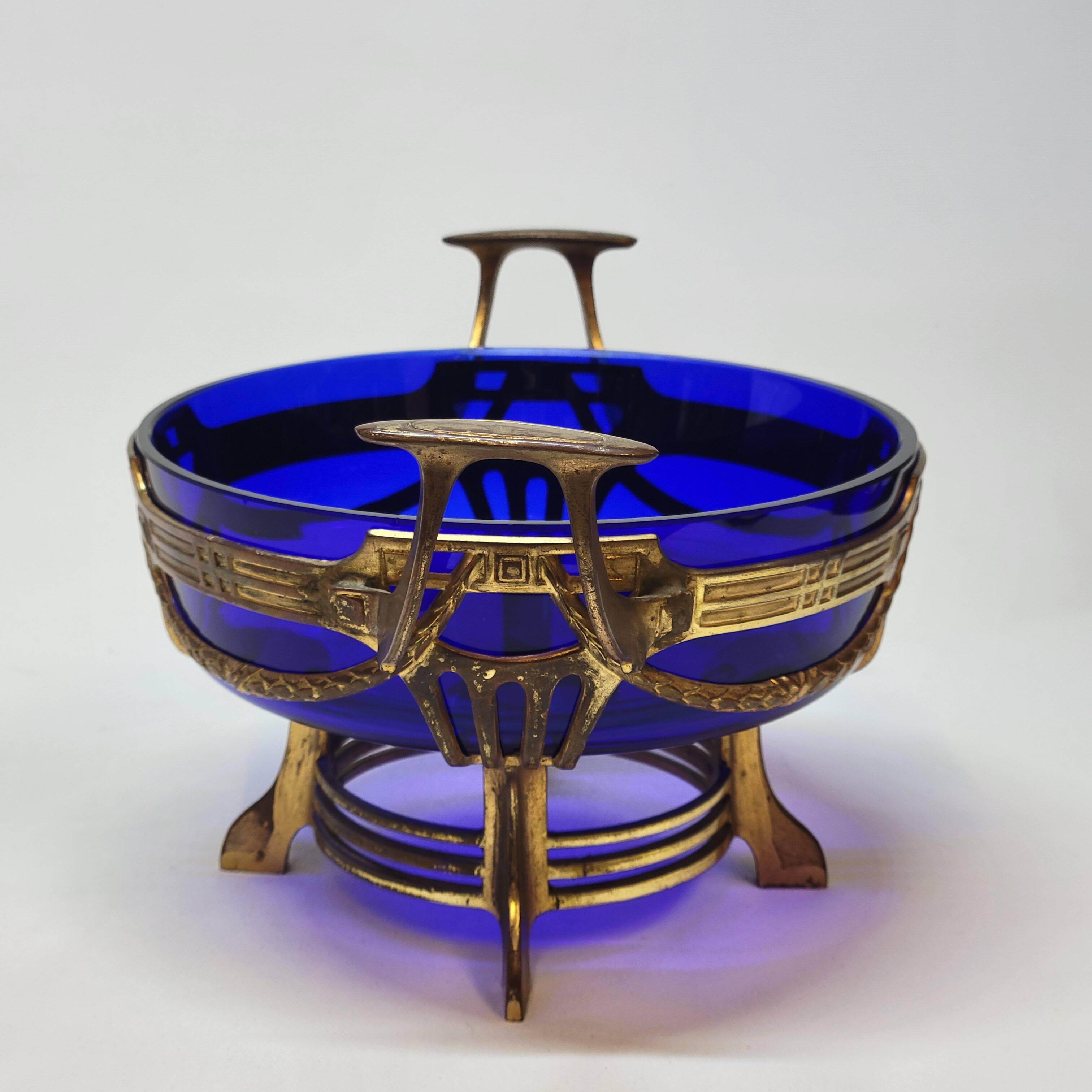 Antique gold metal and cobalt blue glass centerpiece planter