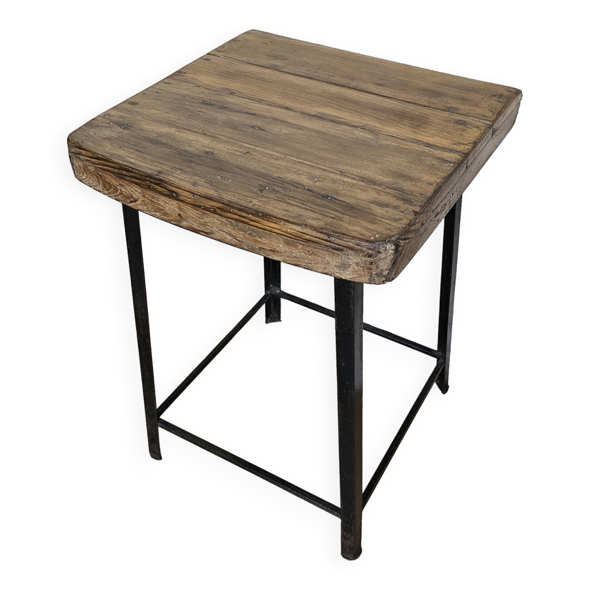 Old workshop stool in wood + wrought iron