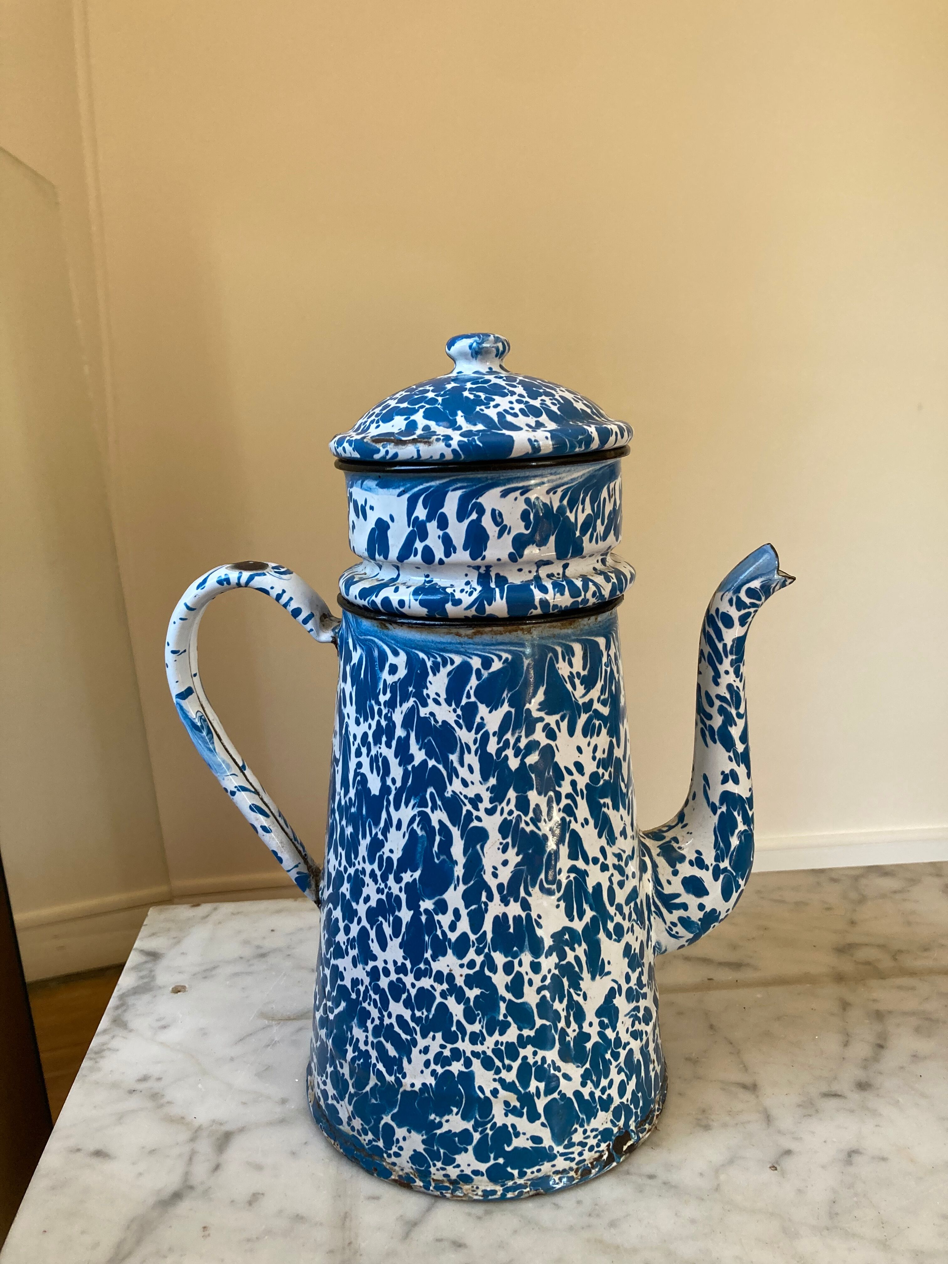 Vintage blue speckled enamel coffee maker
