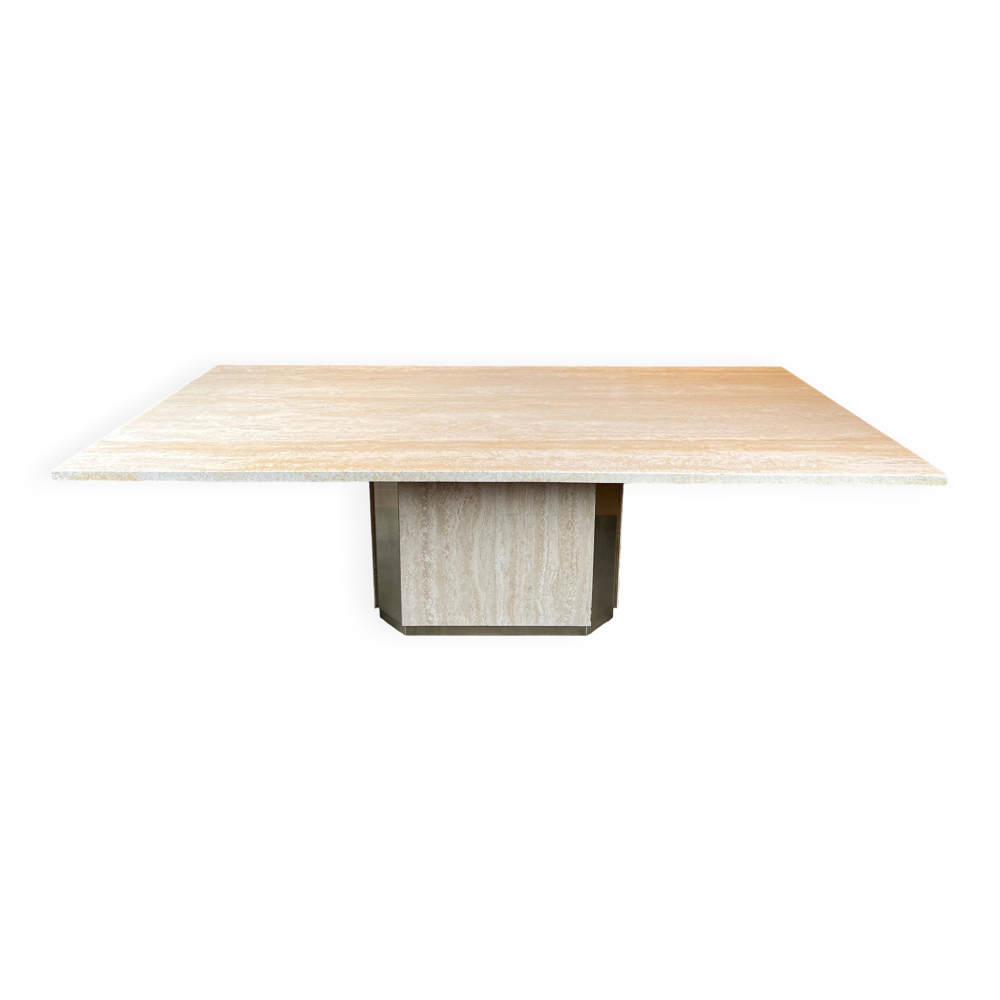 Dining table in travertine and brass. French work. Around 1970.
