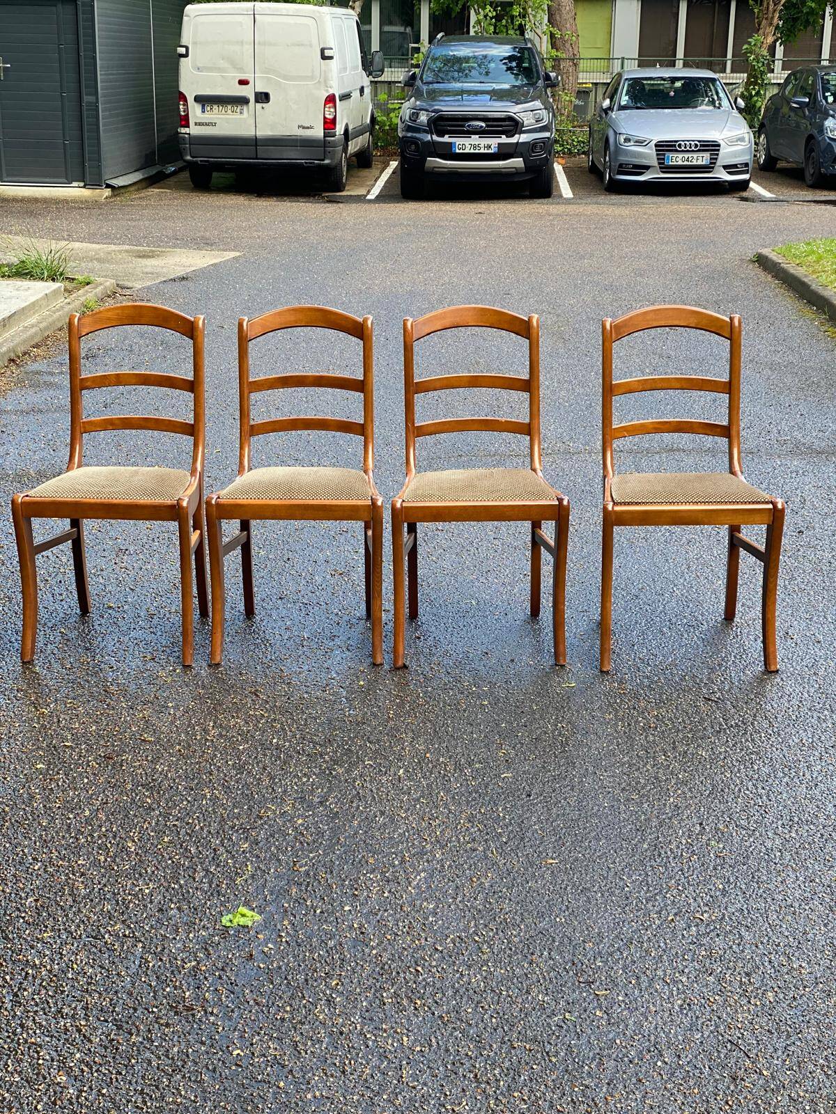 4 chairs in solid blond wood and brown beige embroidered tiled velvet suede
