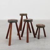 Brutalist French solid oak tripod stool with metal rim, 1850s