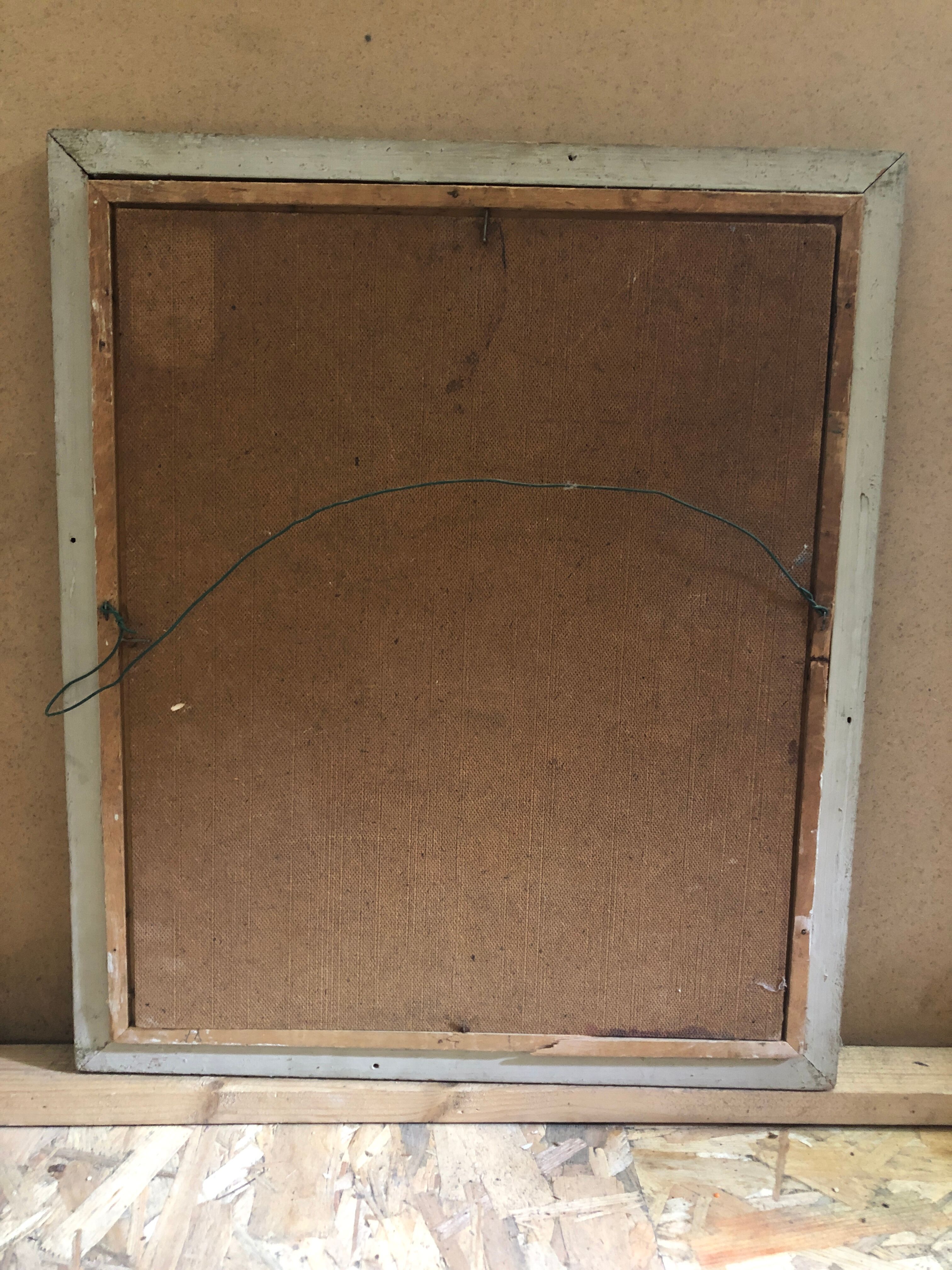 Ancien tableau huile au couteau sur panneau avec cadre bois vintage