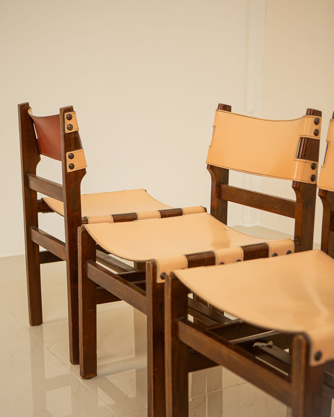 Set of 4 wooden and leather chairs by Maison Regain 70's