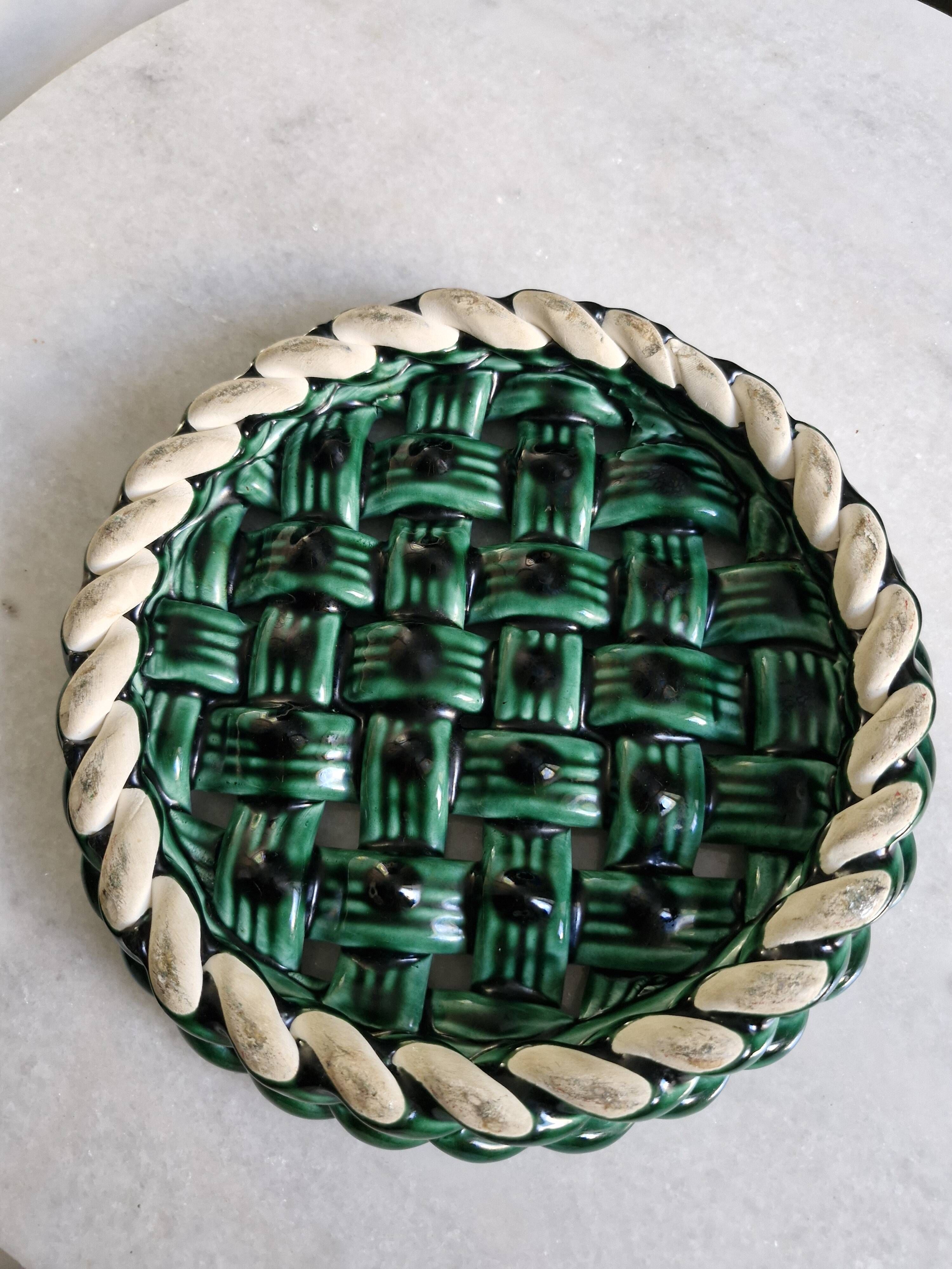 Woven green ceramic trivet in Vallauris style