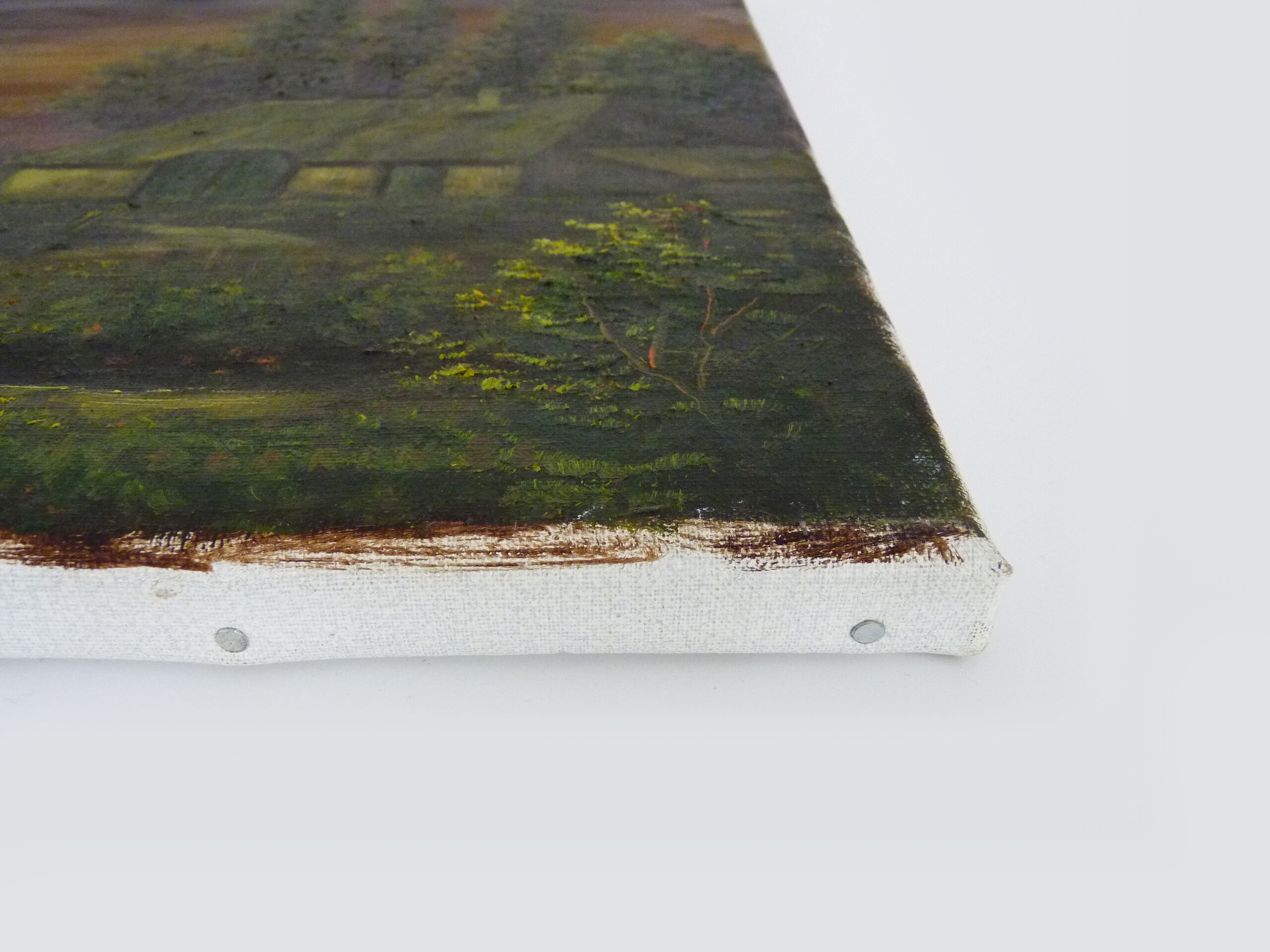 Oil on canvas village by Jan Van Dooren, sunset. Signed. Seventies