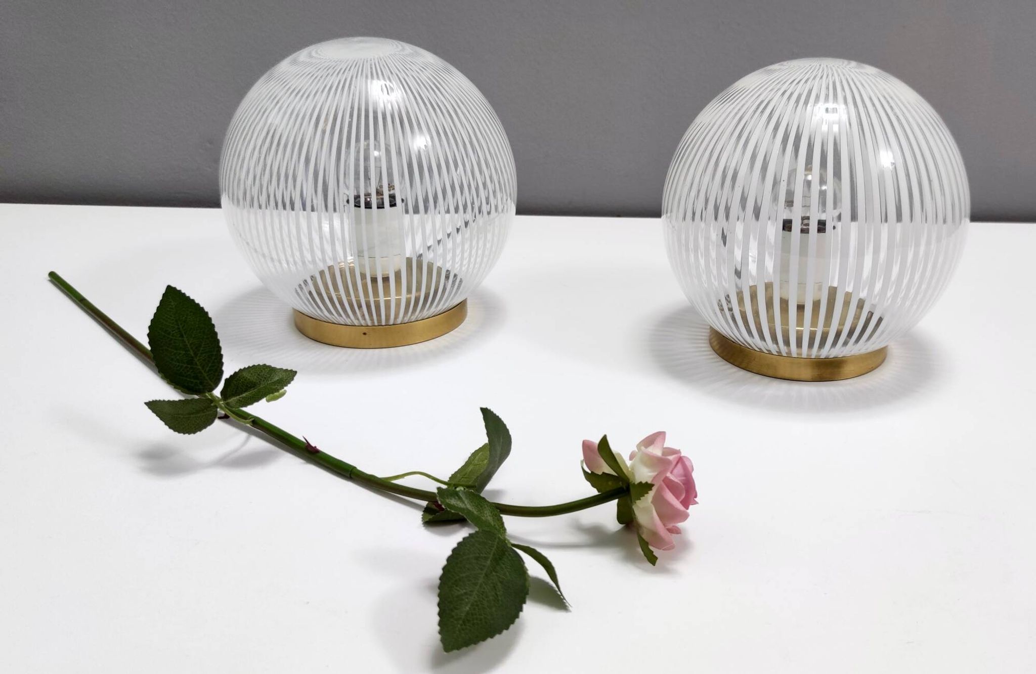 Pair of Vintage Spheric Murano Glass and Brass Table Lamps by Venini, Italy