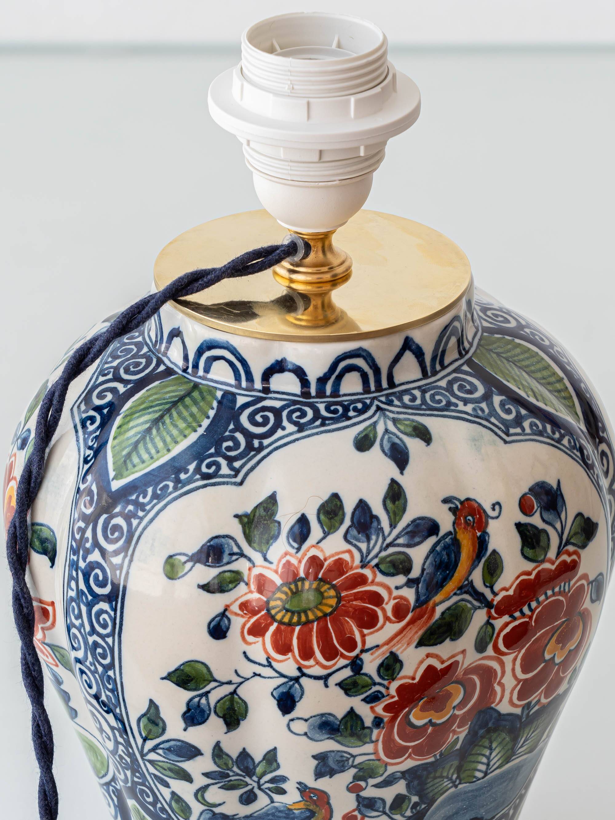 Delft Polychrome Chinoiserie Table Lamp, Tichelaar Makkum, New Silk Shade