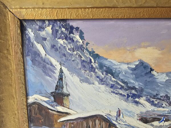 Tableau Huile sur panneau Village du Tour / Le Tour (Chamonix) Signé M Mart