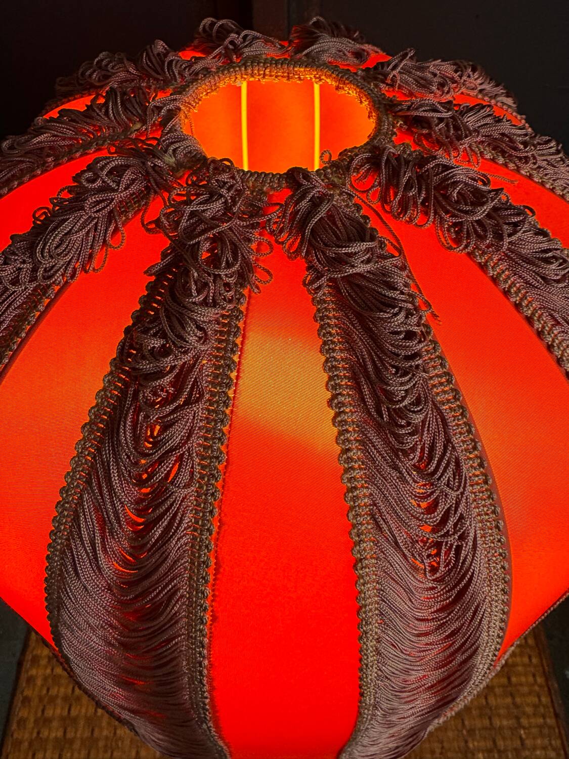 Large 1960s bell-shaped lamp with fringed shade