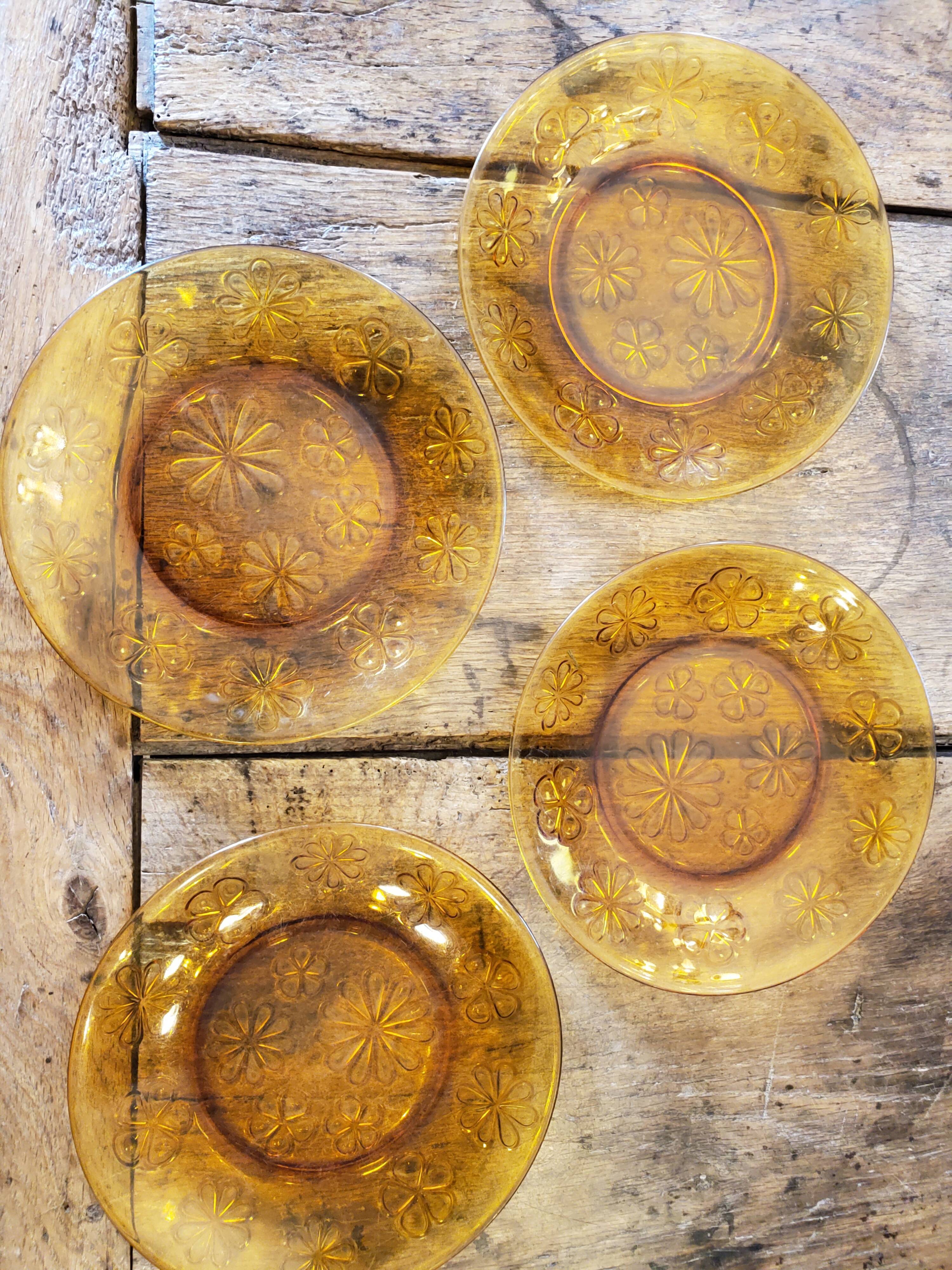 4 flat plates amber glass 70's