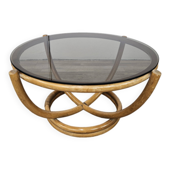 Round vintage bamboo and smoked glass coffee table