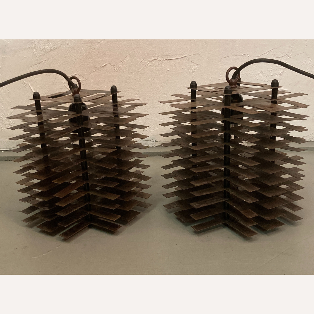 Pair modernist brutalist copper metal architectural hanging lamps, France