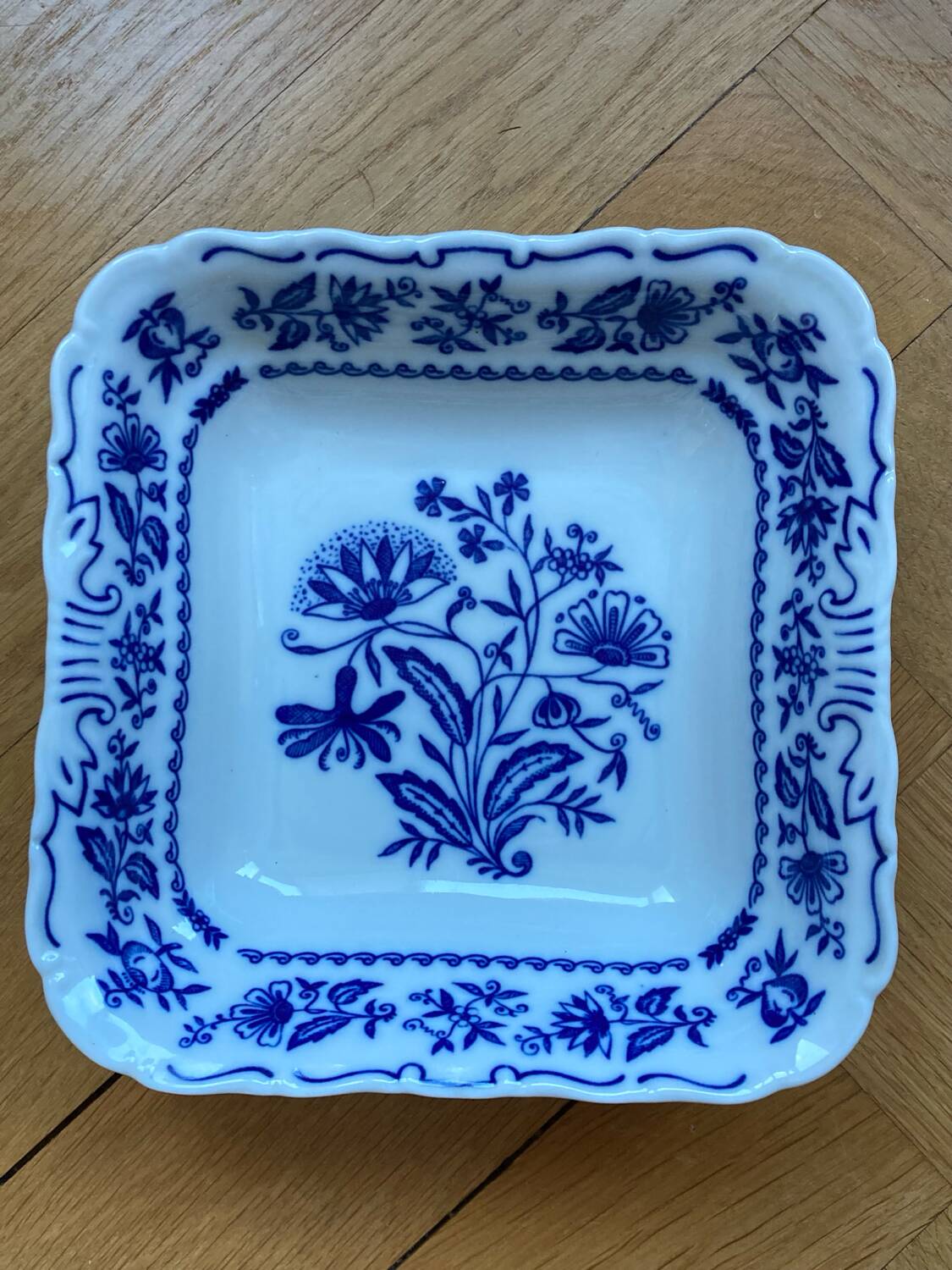 Square blue and white Czech porcelain salad bowl