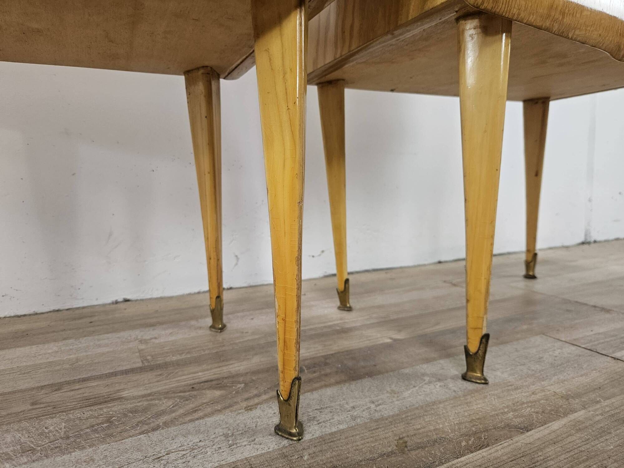 Pair of 1950s maple nightstands with mirrored tops