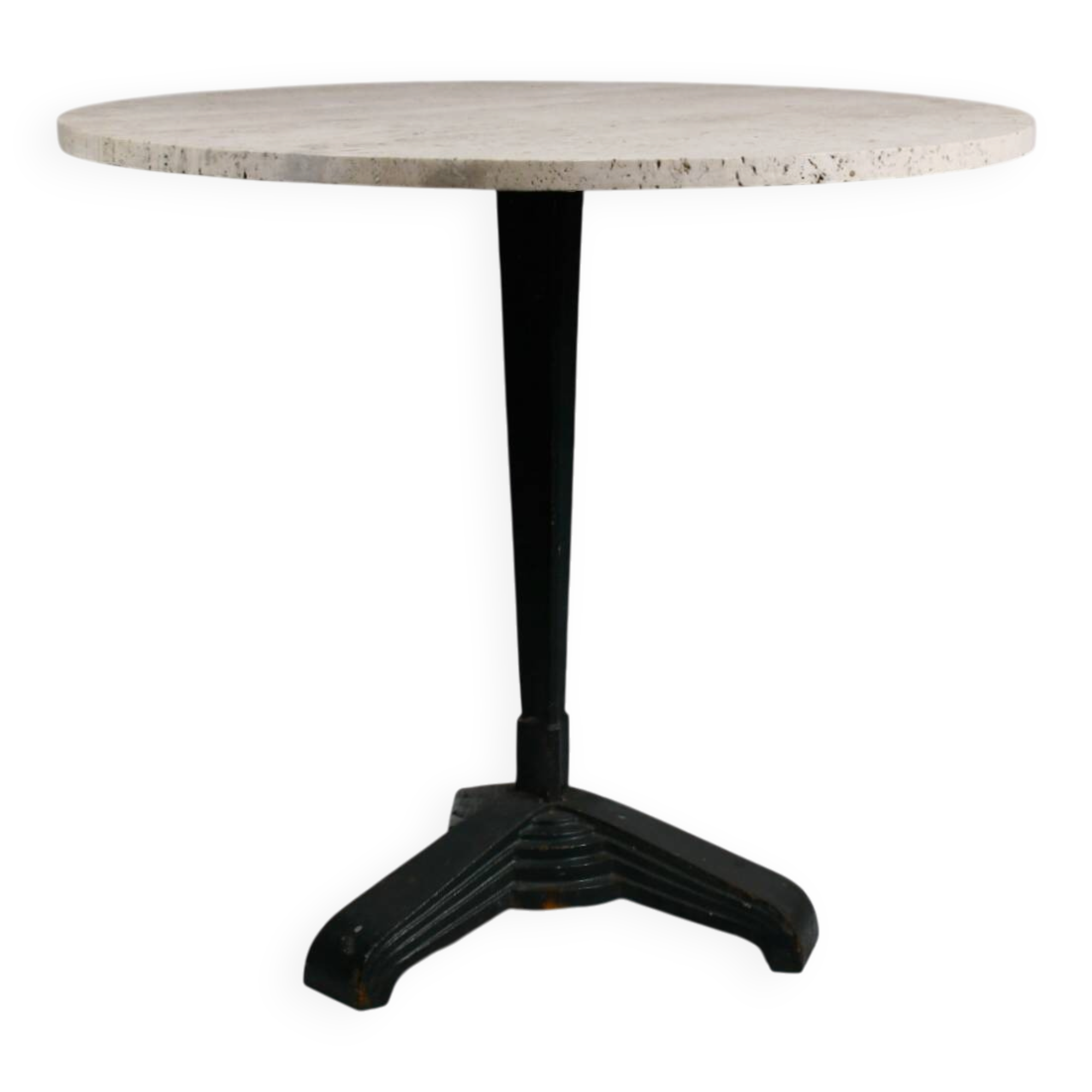 Vintage travertine bistro/dining table, solid metal base. (A)