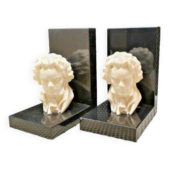 Ancienne paire de serre livres buste beethoven en albâtre sur marbre noir