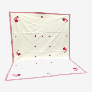 Rectangular cotton tablecloth decorated with fruit appliqués and machine embroidery