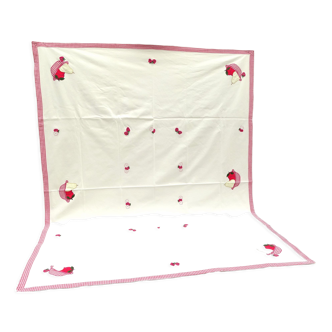 Rectangular cotton tablecloth decorated with fruit appliqués and machine embroidery