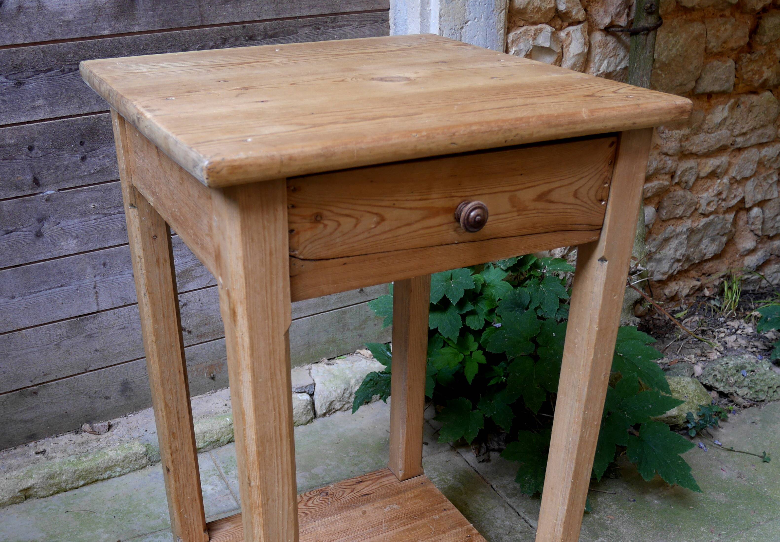 antique tall fir wood side table, a piece of workshop furniture