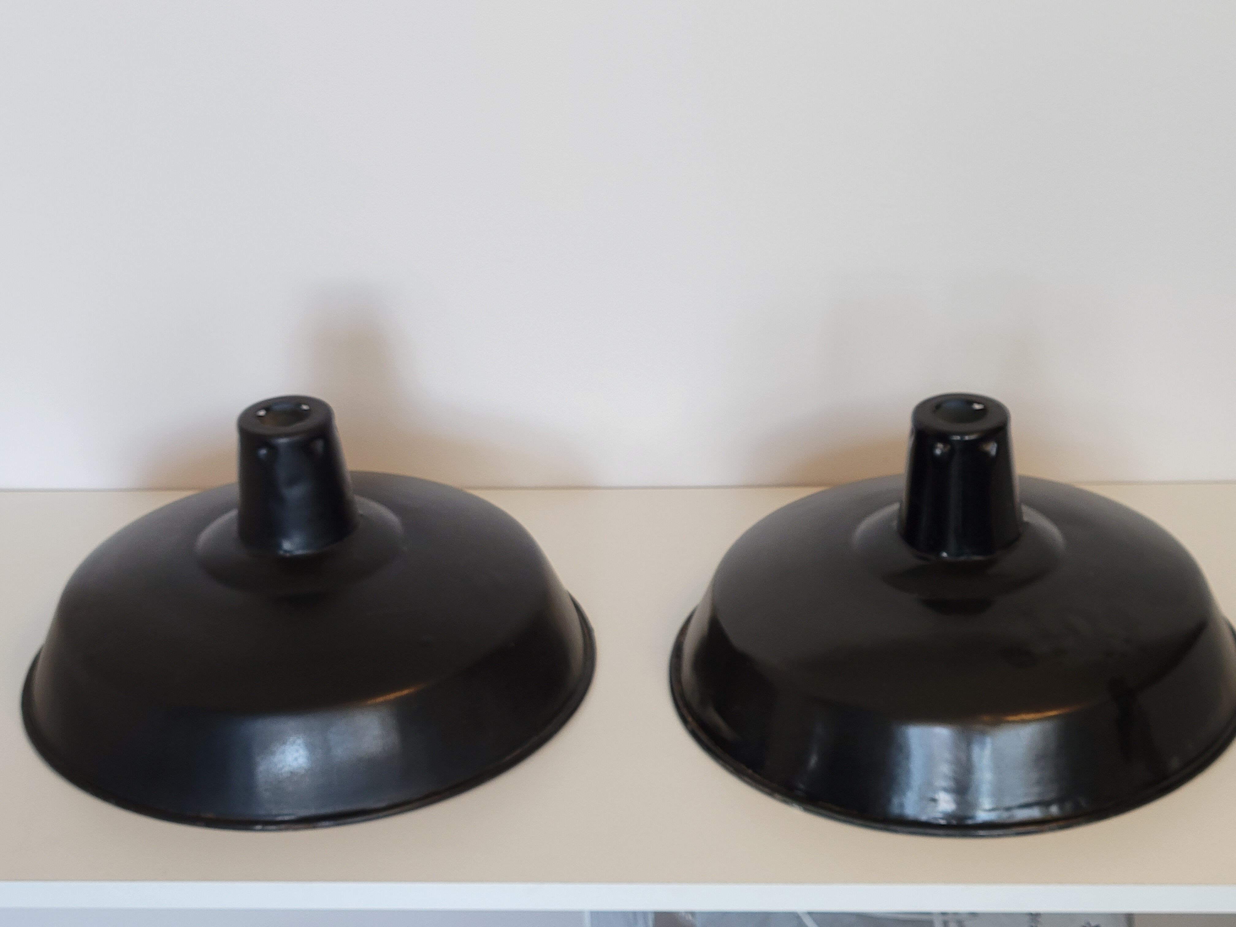 Pair of suspensions industrial lamp workshop lampshade in black enamelled metal