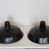 Pair of suspensions industrial lamp workshop lampshade in black enamelled metal