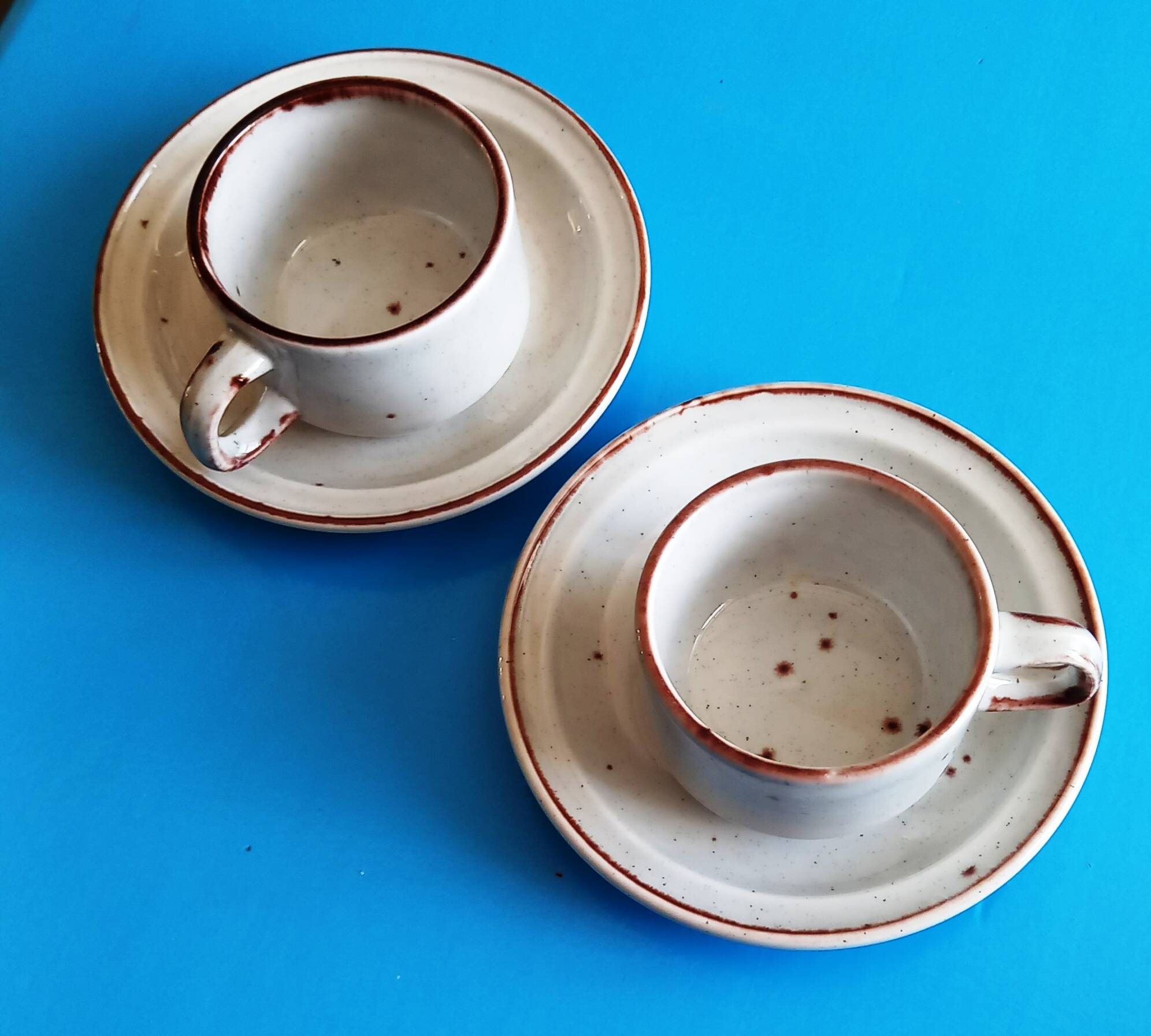 2 enameled stoneware espresso cups and saucers - France, 70s/80s