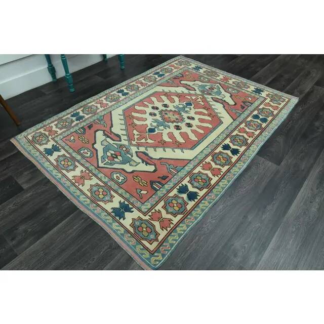 1970s Vintage Turkish Oushak Handmade Wool Cotton Pink Area Rug 162x226